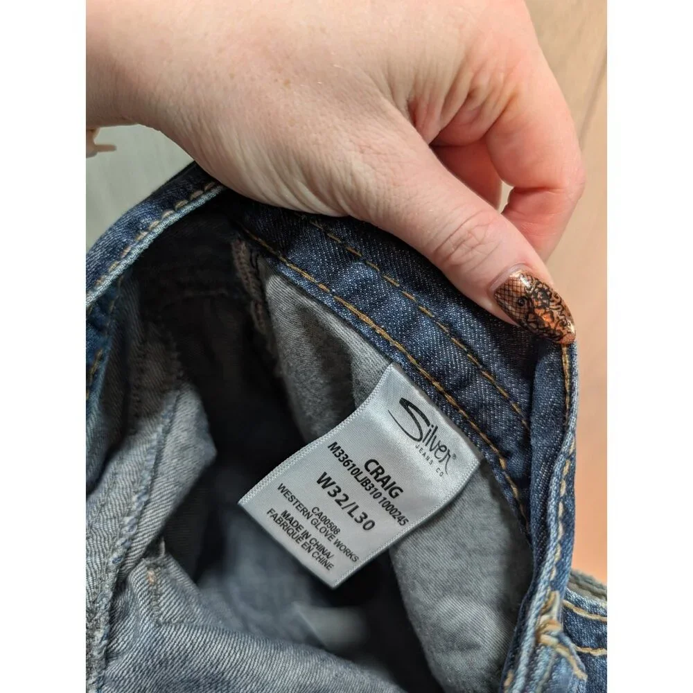 Silver Jeans Men 32x30 Craig Bootcut Blue Medium Wash Thick Stitch Grunge Y2K - Picture 9 of 11